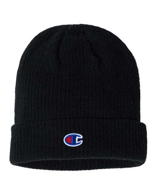 Champion CS4003 Ribbed Knit Cuffed Beanie - Black - HIT a Double