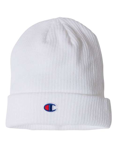 Champion CS4003 Ribbed Knit Cuffed Beanie - White - HIT a Double