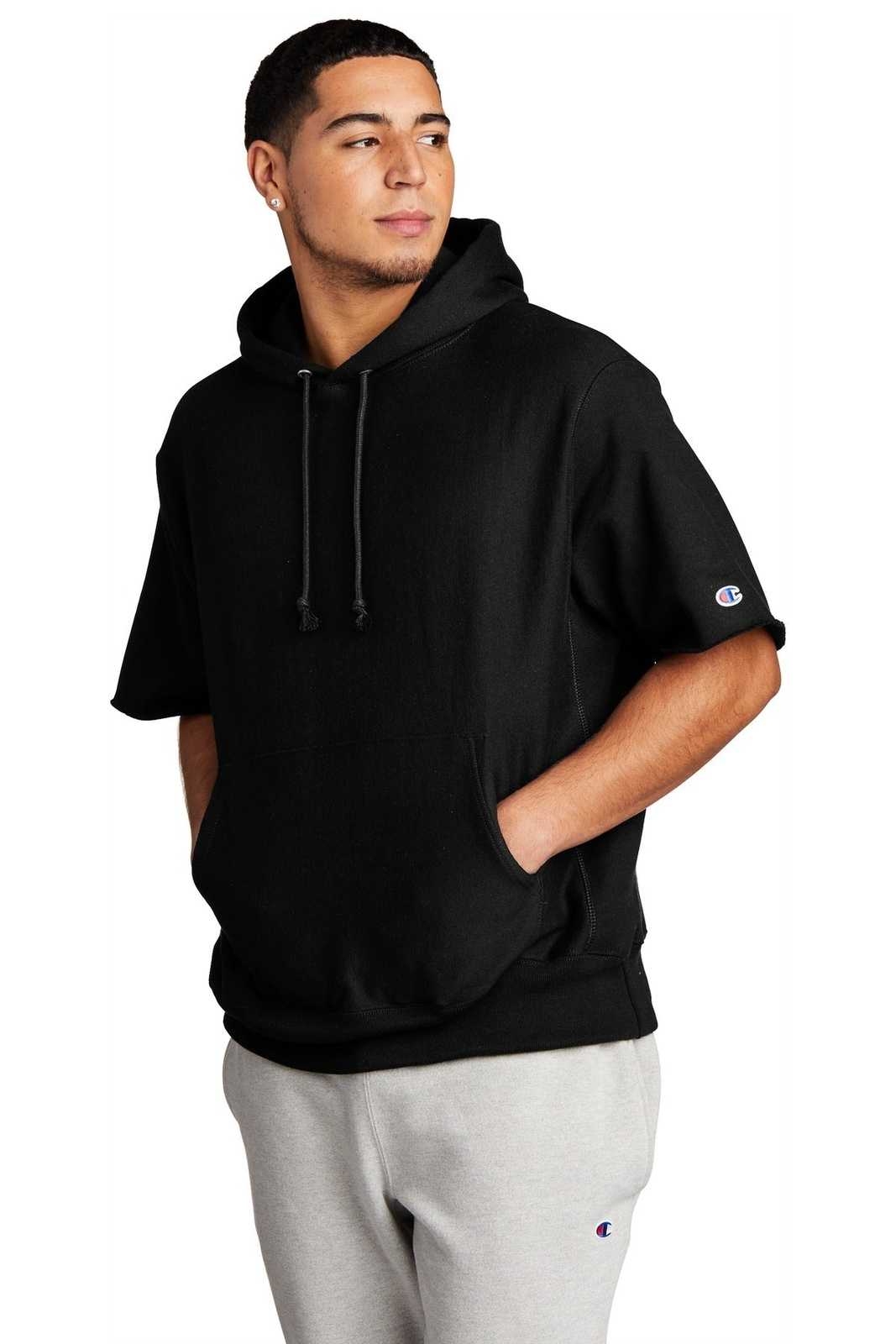 Champion S101SS Reverse Weave Short Sleeve Hooded Sweatshirt - Black - HIT a Double - 4
