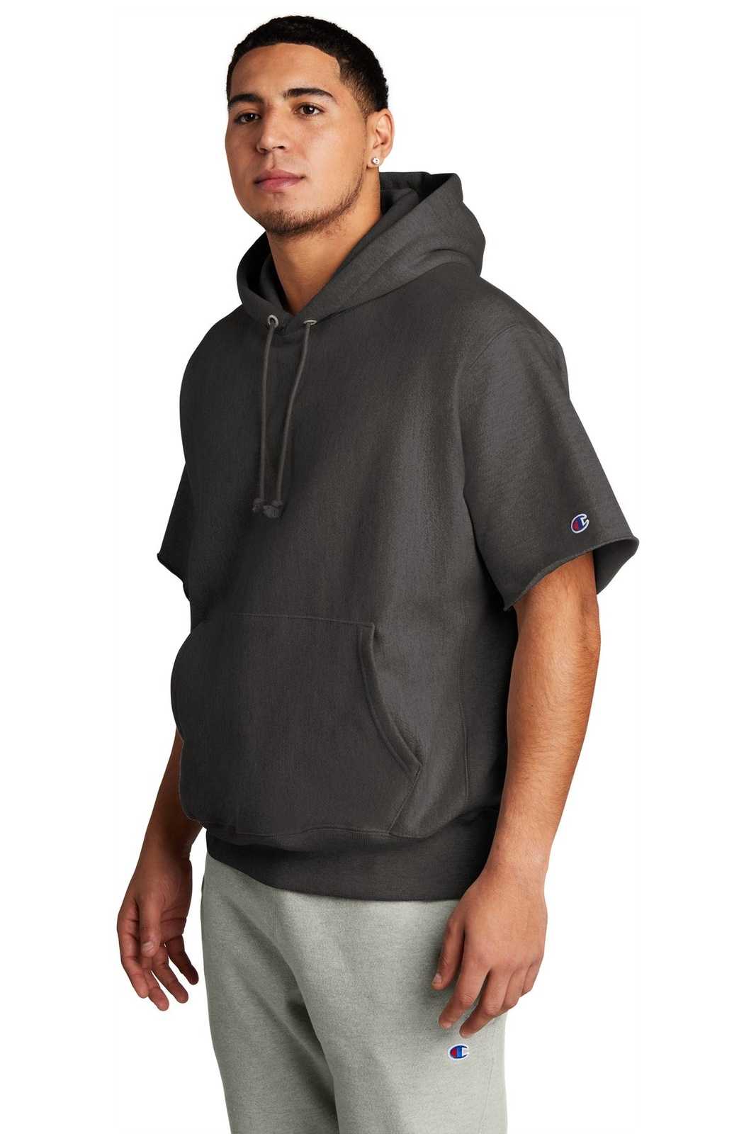 Champion S101SS Reverse Weave Short Sleeve Hooded Sweatshirt - Charcoal Heather - HIT a Double - 4