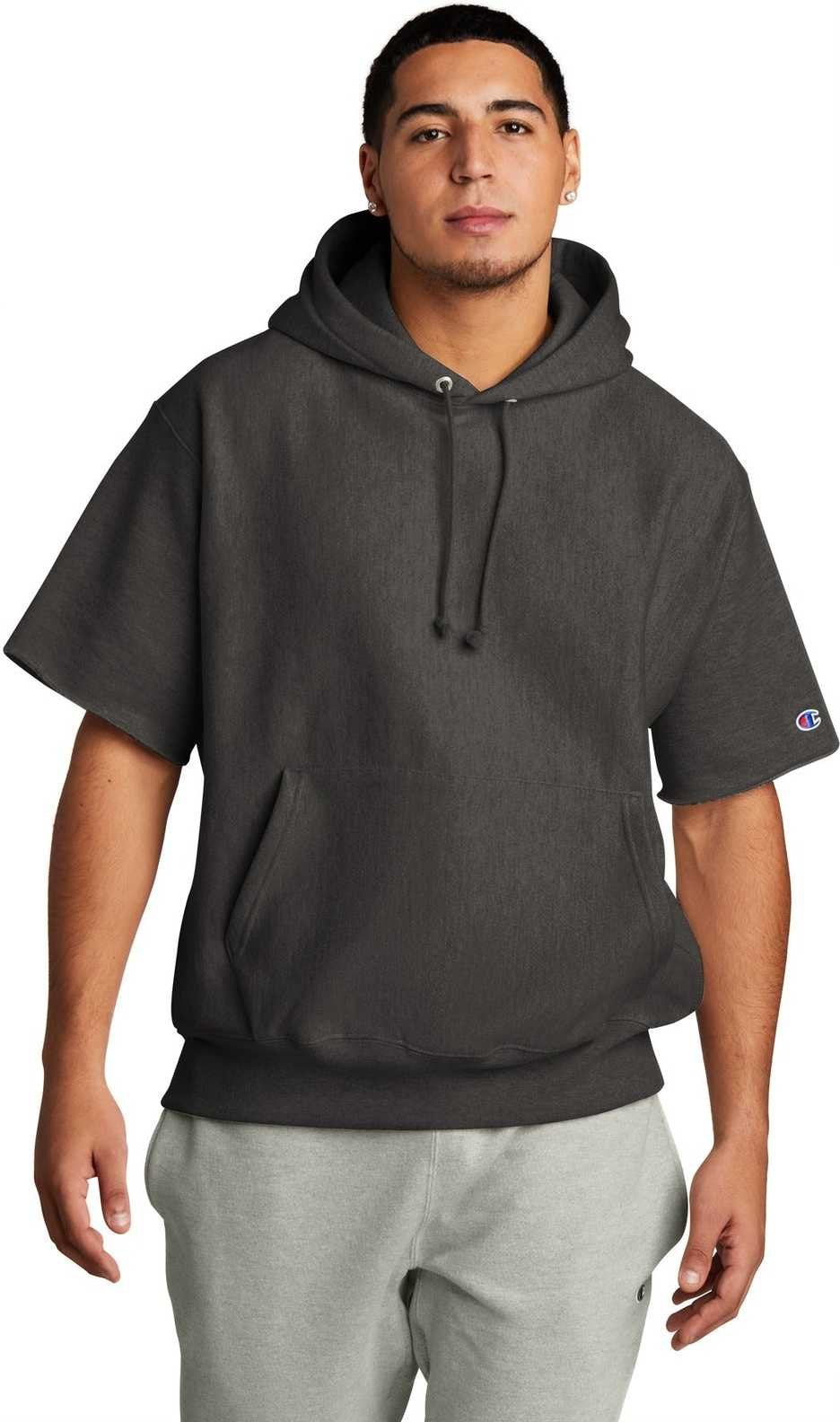 Champion S101ss Reverse Weave Short Sleeve Hooded Sweatshirt - Charcoal Heather