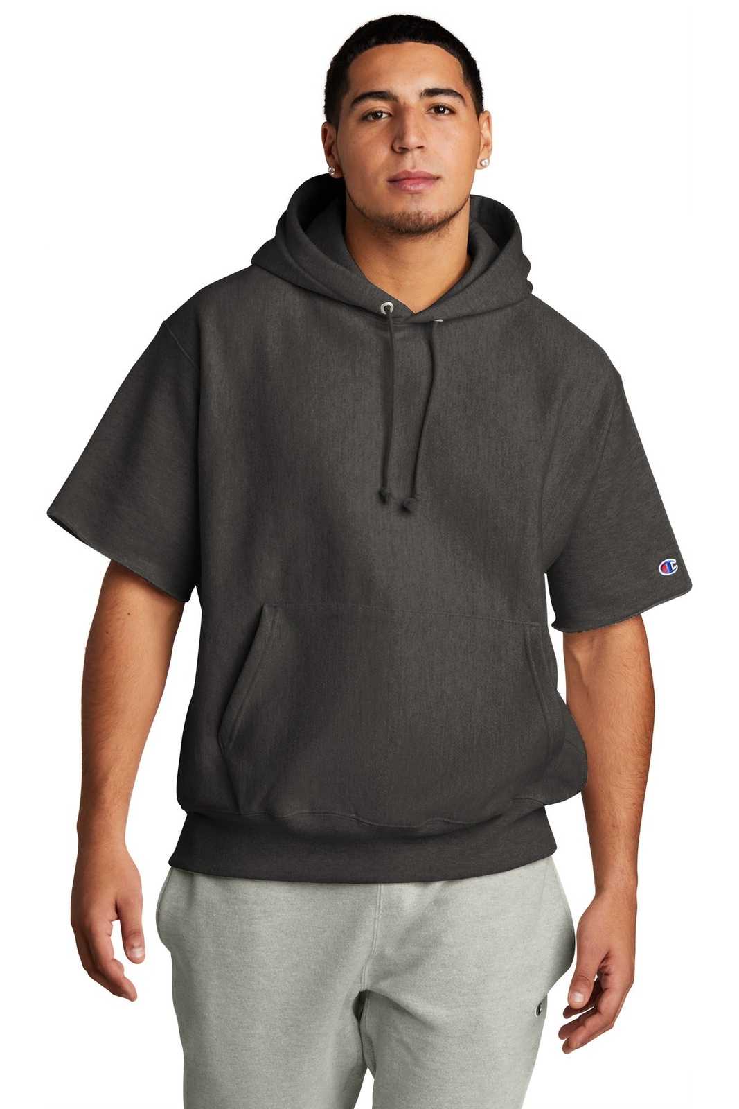 Champion S101SS Reverse Weave Short Sleeve Hooded Sweatshirt - Charcoal Heather - HIT a Double - 1