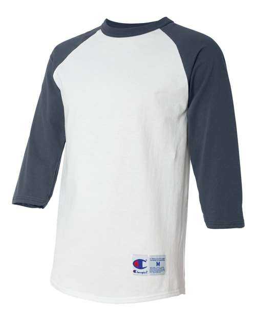Champion T137 Three-Quarter Raglan Sleeve Baseball T-Shirt - White Navy - HIT a Double