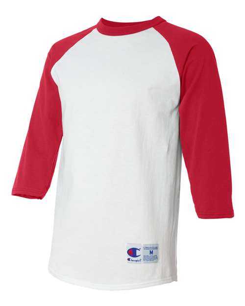 Champion T137 Three-Quarter Raglan Sleeve Baseball T-Shirt - White Scarlet - HIT a Double