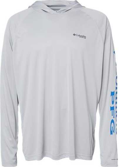 Columbia 153617 PFG Terminal Tackle Hooded Long Sleeve T-Shirt - Cool Gray Vivid Blue" - "HIT a Double