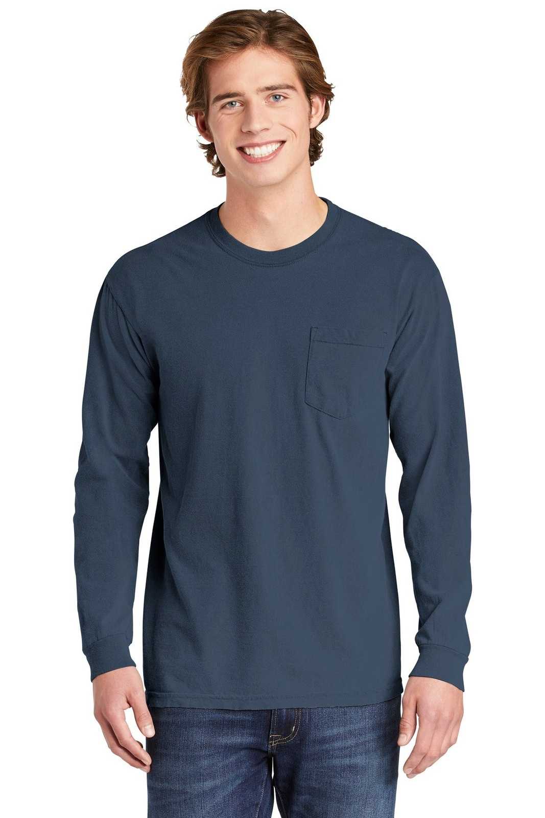 Comfort Colors 4410 Heavyweight Ring Spun Long Sleeve Pocket Tee - Blue Jean - HIT a Double