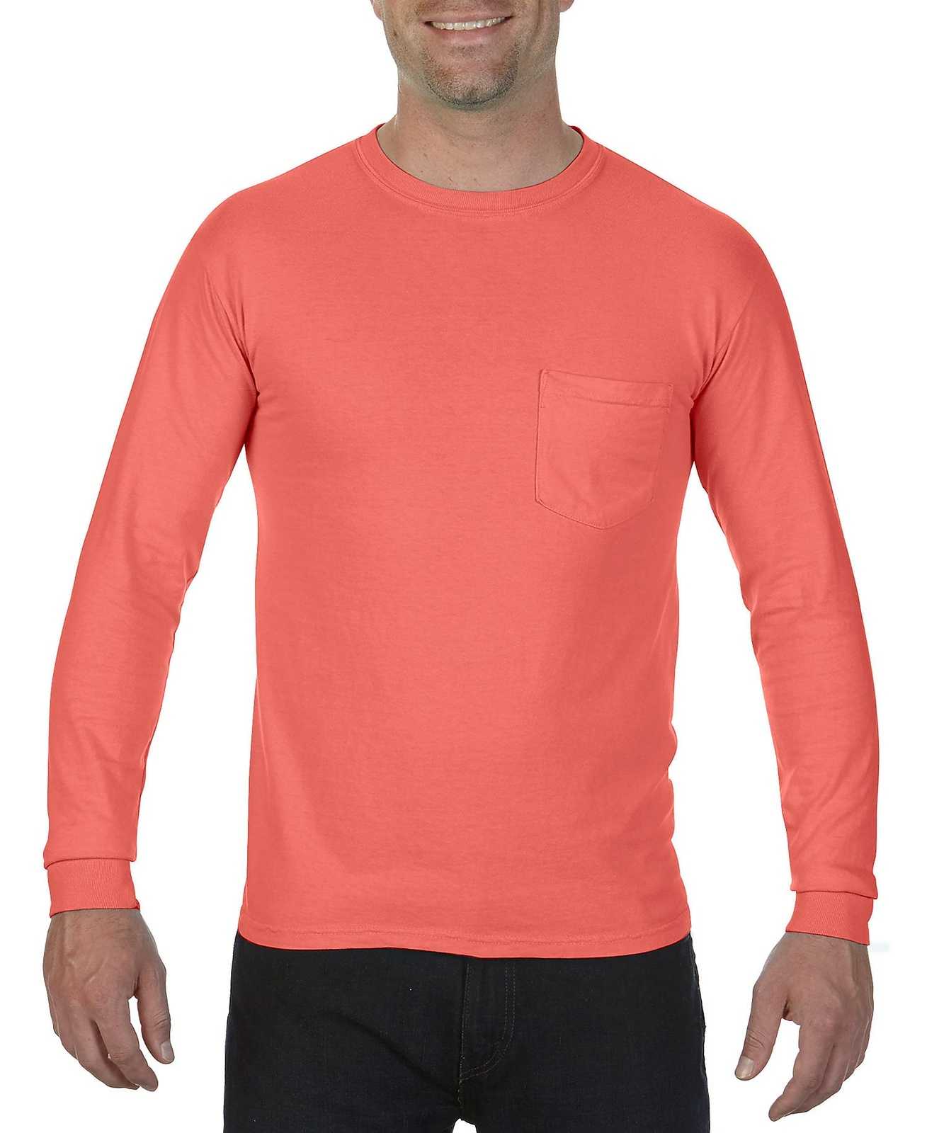 Comfort Colors 4410 Heavyweight Ring Spun Long Sleeve Pocket Tee - Bright Salmon - HIT a Double