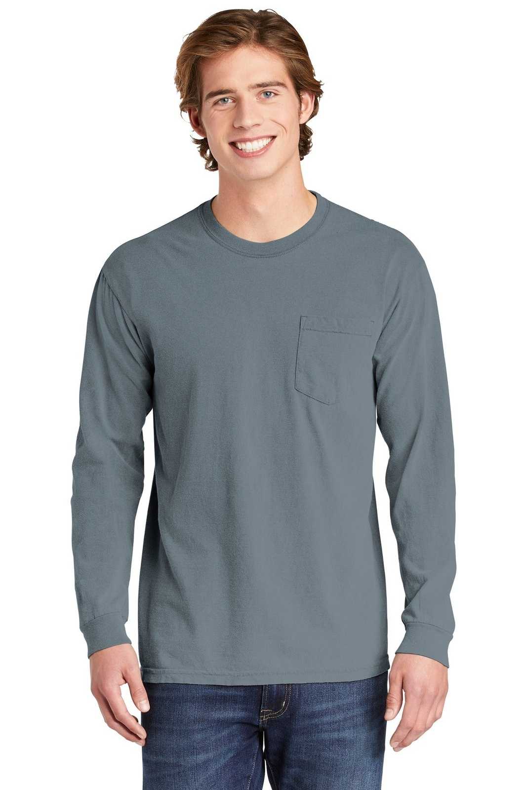 Comfort Colors 4410 Heavyweight Ring Spun Long Sleeve Pocket Tee - Granite - HIT a Double
