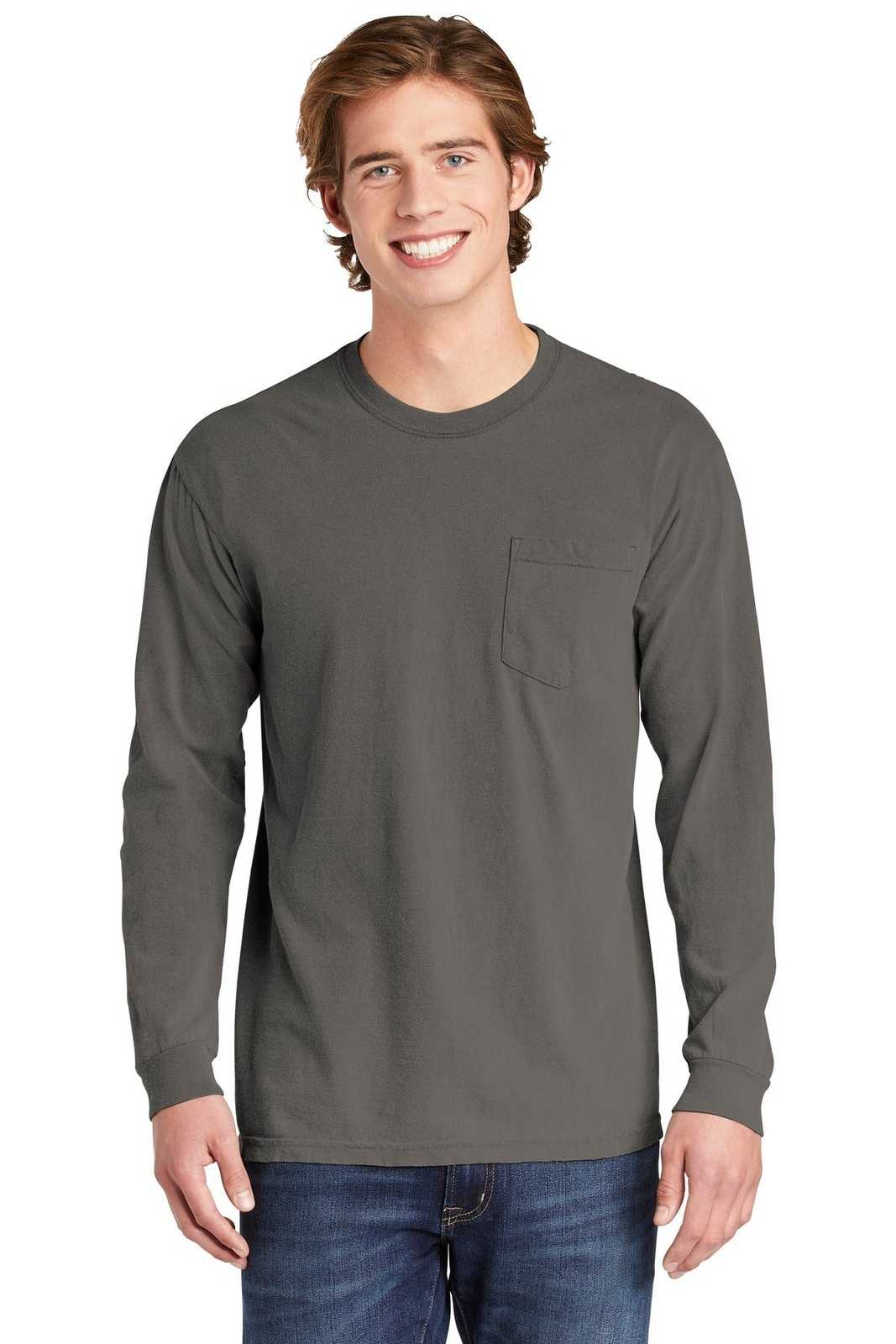 Comfort Colors 4410 Heavyweight Ring Spun Long Sleeve Pocket Tee - Gray - HIT a Double