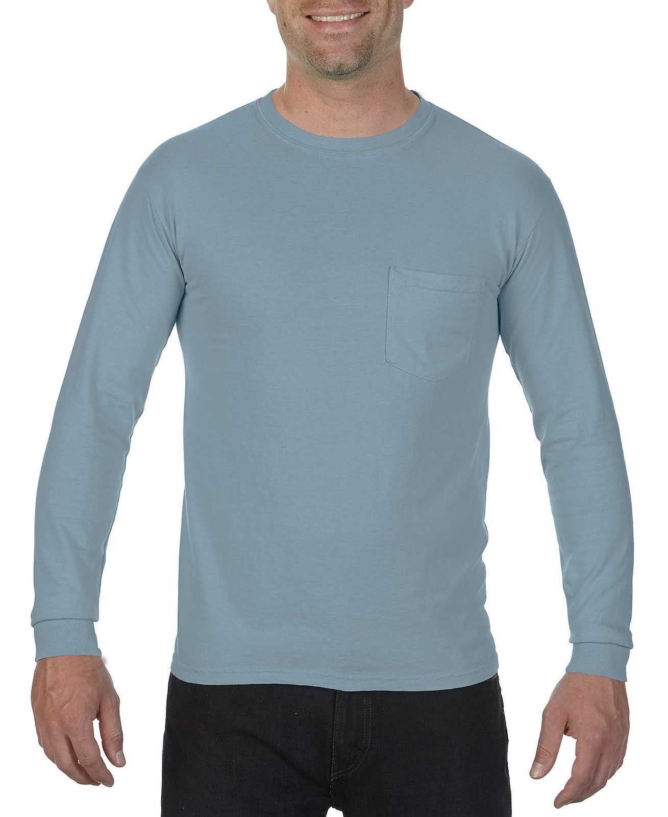Comfort Colors 4410 Heavyweight Ring Spun Long Sleeve Pocket Tee - Ice Blue - HIT a Double