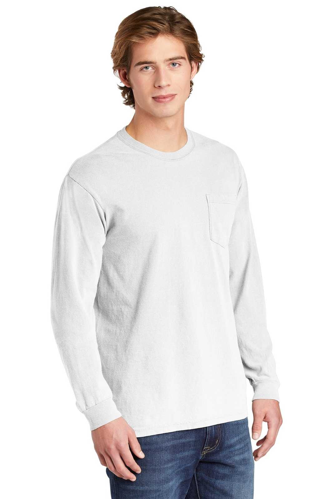 Comfort Colors 4410 Heavyweight Ring Spun Long Sleeve Pocket Tee - White - HIT a Double