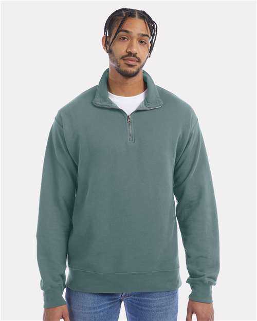 Comfortwash GDH425 Garment-Dyed Quarter-Zip Sweatshirt - Cypress Green&quot; - &quot;HIT a Double