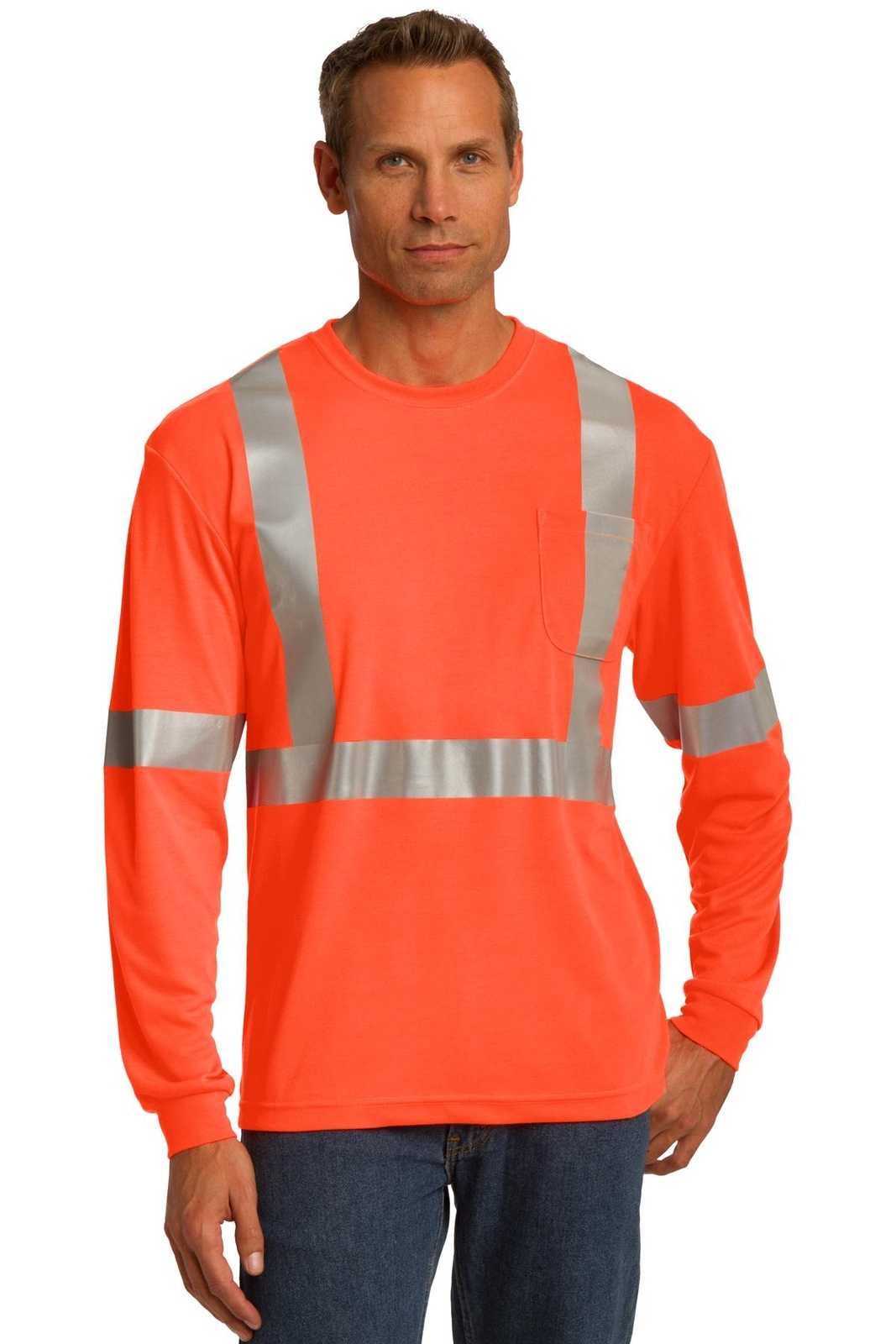 CornerStone CS401LS ANSI 107 Class 2 Long Sleeve Safety T-Shirt - Safety Orange Reflective - HIT a Double - 1