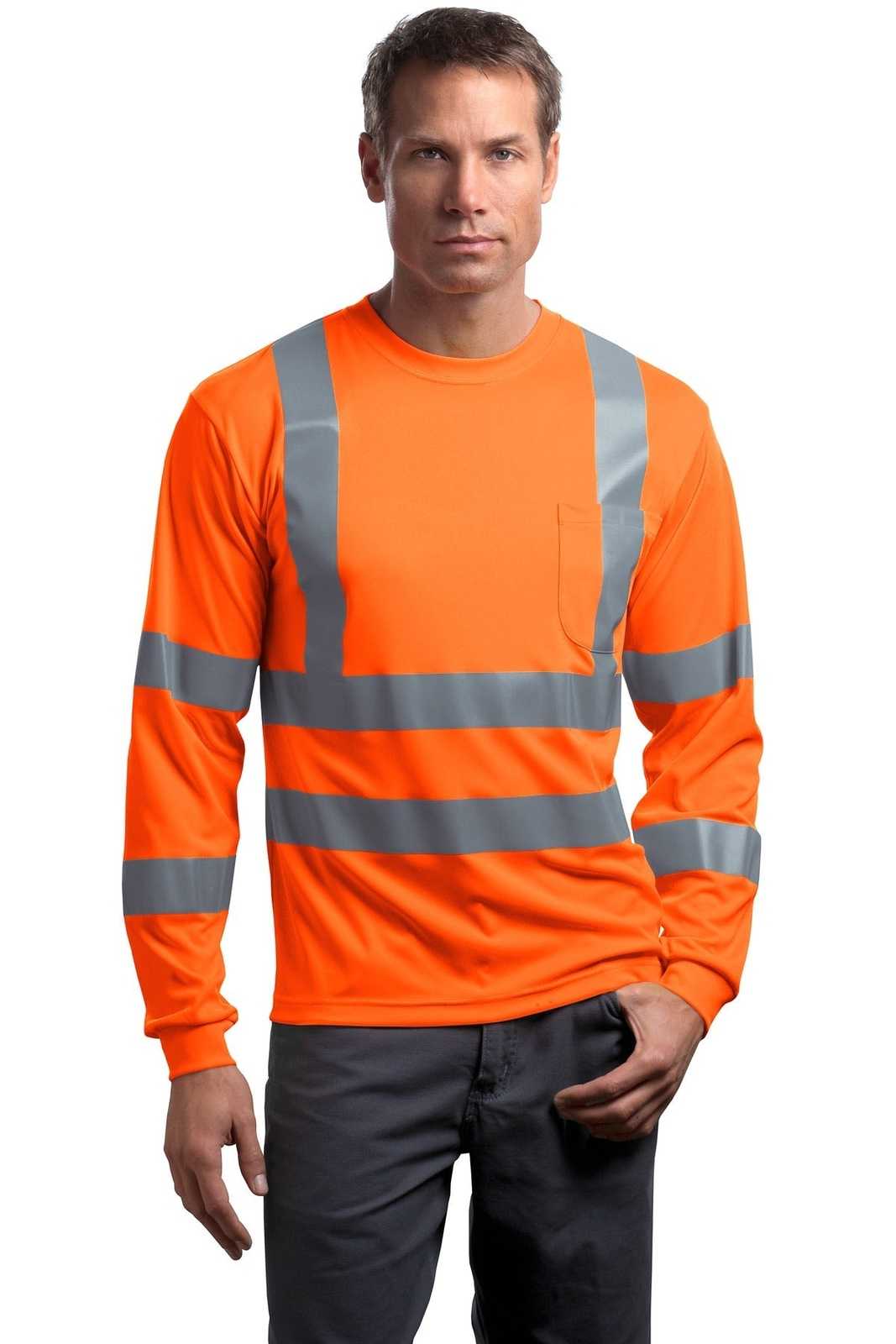 CornerStone CS409 Ansi 107 Class 3 Long Sleeve Snag-Resistant Reflective T-Shirt - Safety Orange - HIT a Double - 1