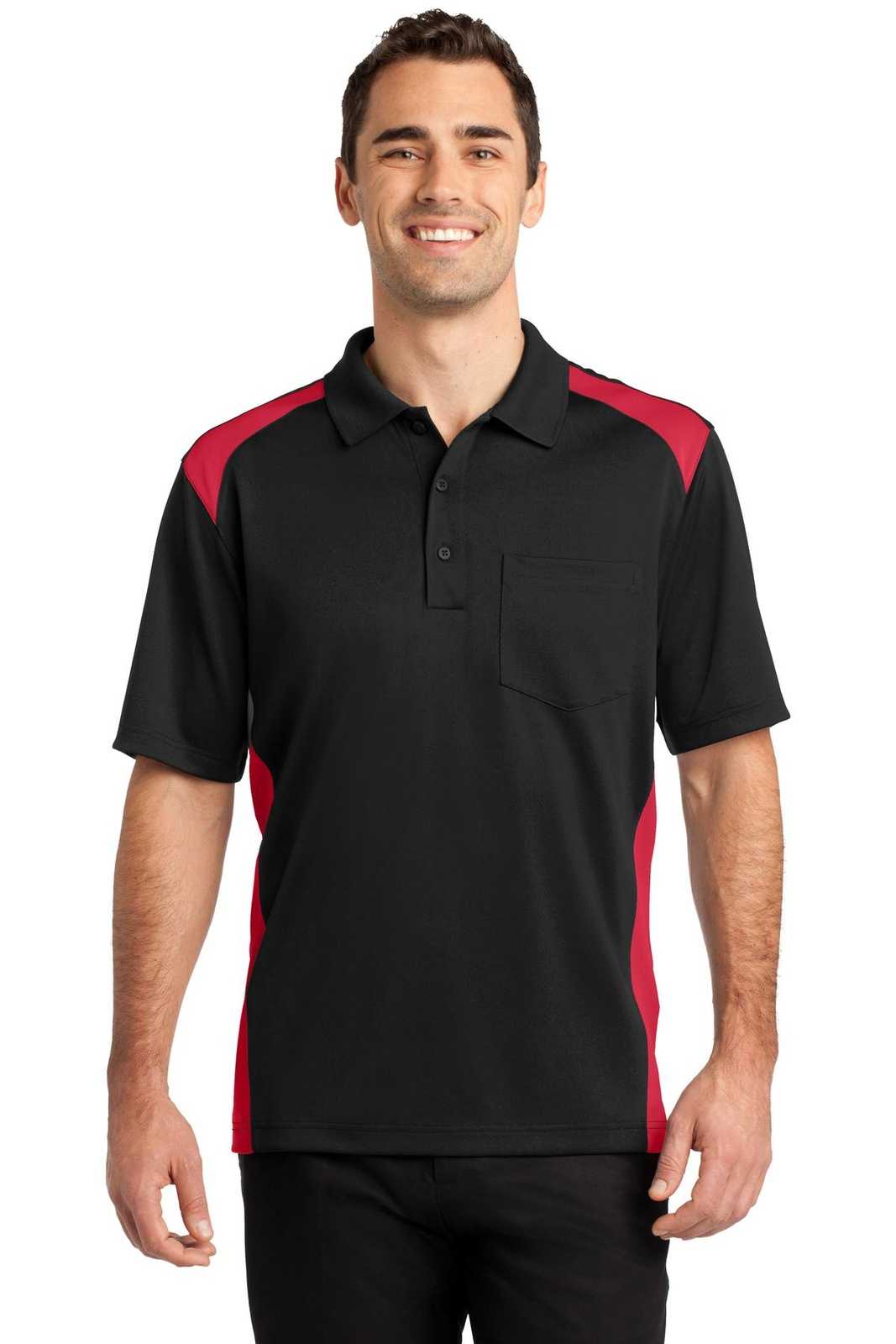 CornerStone CS416 Select Snag-Proof Two Way Colorblock Pocket Polo - Black Red - HIT a Double - 1