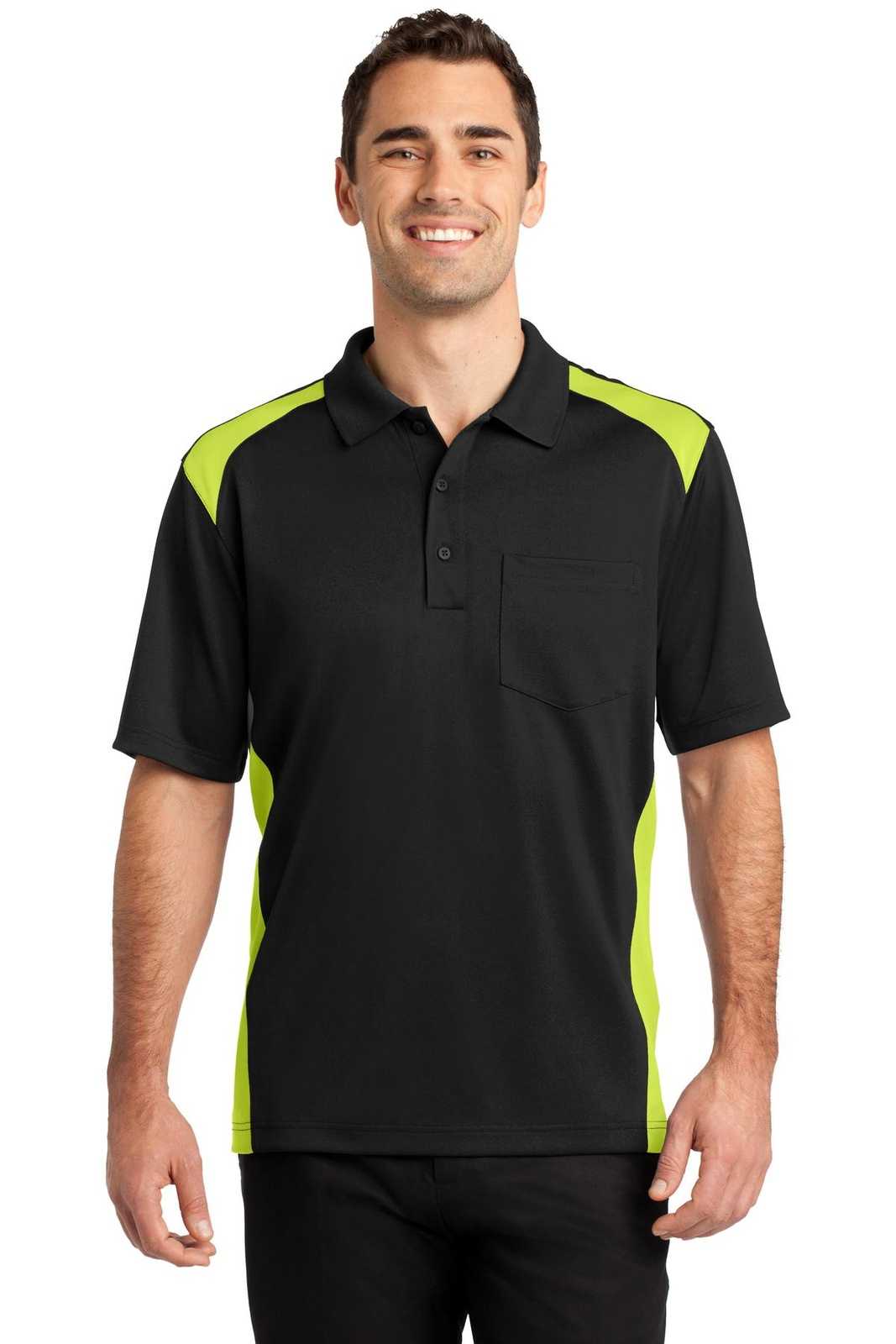 CornerStone CS416 Select Snag-Proof Two Way Colorblock Pocket Polo - Black Shock Green - HIT a Double - 1