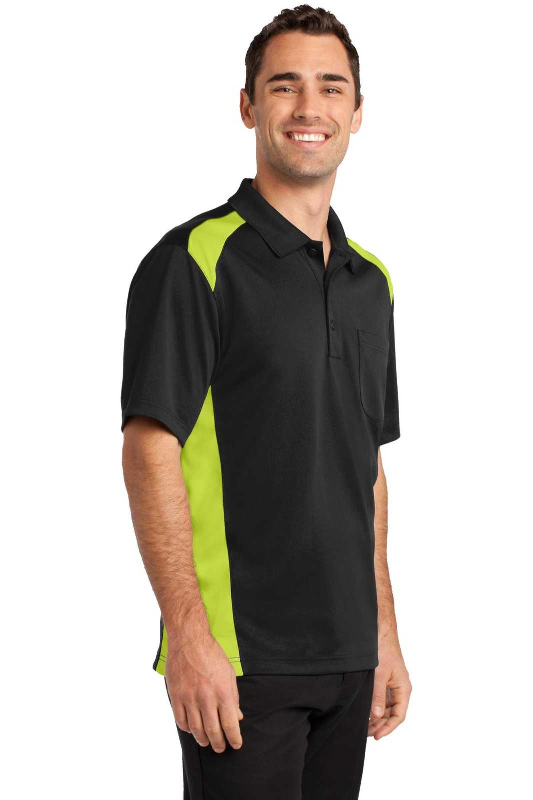CornerStone CS416 Select Snag-Proof Two Way Colorblock Pocket Polo - Black Shock Green - HIT a Double - 4
