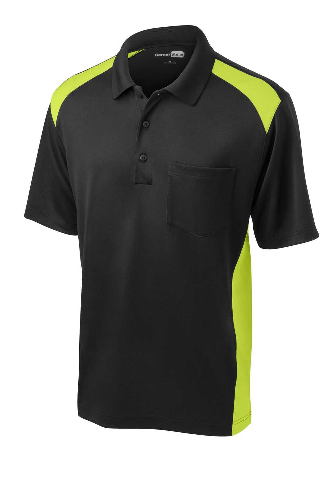 CornerStone CS416 Select Snag-Proof Two Way Colorblock Pocket Polo - Black Shock Green - HIT a Double - 5