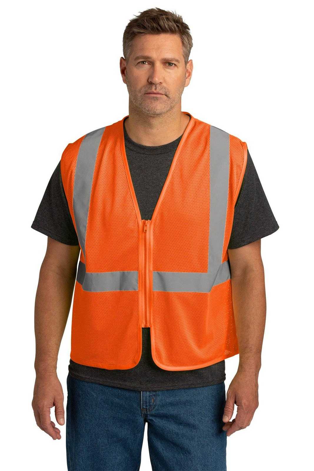 CornerStone CSV101 ANSI 107 Class 2 Economy Mesh Zippered Vest - Safety Orange - HIT a Double - 1