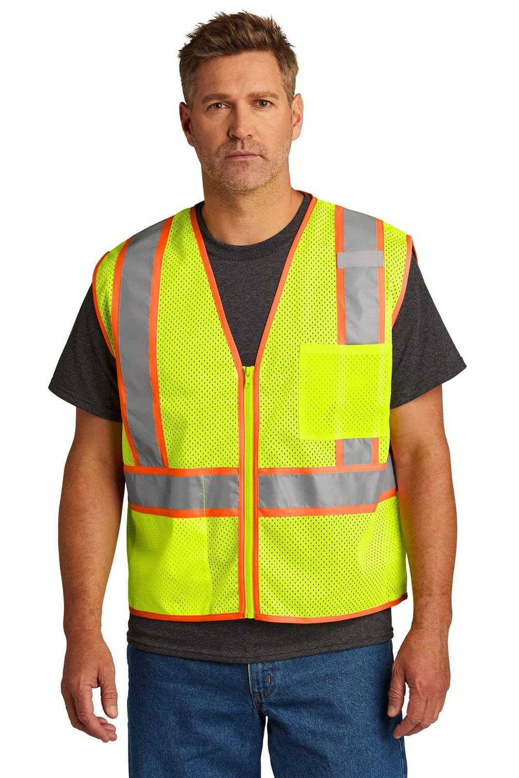 CornerStone CSV103 ANSI 107 Class 2 Mesh Zippered Two-Tone Vest - Safety Yellow - HIT a Double - 1
