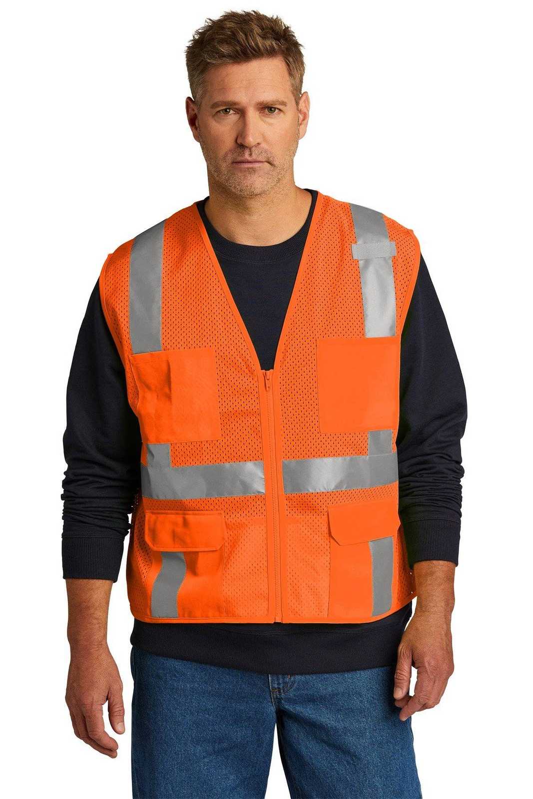 CornerStone CSV104 ANSI 107 Class 2 Mesh Six-Pocket Zippered Vest - Safety Orange - HIT a Double - 1
