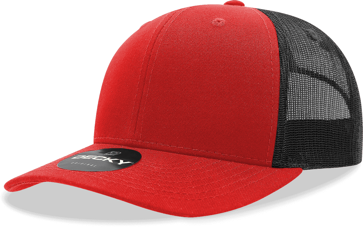 Decky 6021 Mid Profile 6 Panel Poly Cotton Trucker Cap - Red Black - HIT a Double