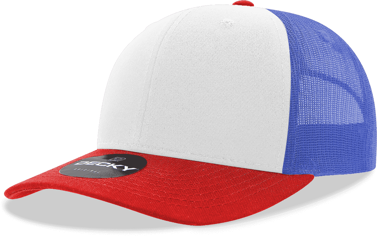 Decky 6021 Mid Profile 6 Panel Poly Cotton Trucker Cap - Red White Royal - HIT a Double