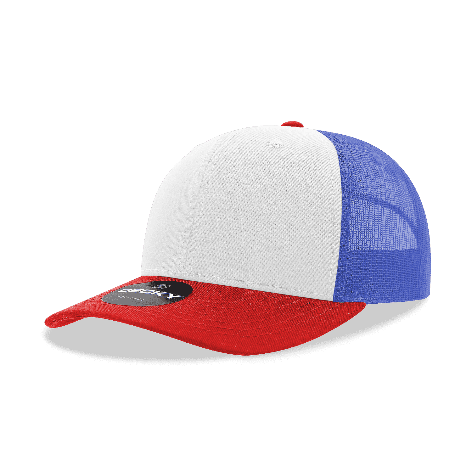 Decky 6021 Mid Profile 6 Panel Poly Cotton Trucker Cap - Red White Royal - HIT a Double
