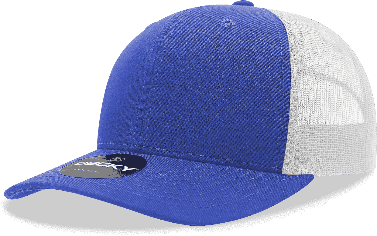 Decky 6021 Mid Profile 6 Panel Poly Cotton Trucker Cap - Royal White - HIT a Double