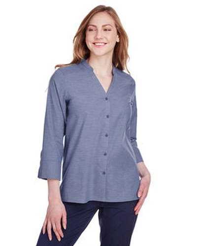 Devon &amp; Jones DG562W Ladies&#39; Crown Collection Stretch Pinpoint Chambray 3/4 Sleeve Blouse - Navy - HIT a Double