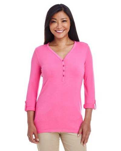 Devon & Jones DP186W Ladies' Perfect Fit Y-Placket Convertible Sleeve Knit Top - Charity Pink - HIT a Double