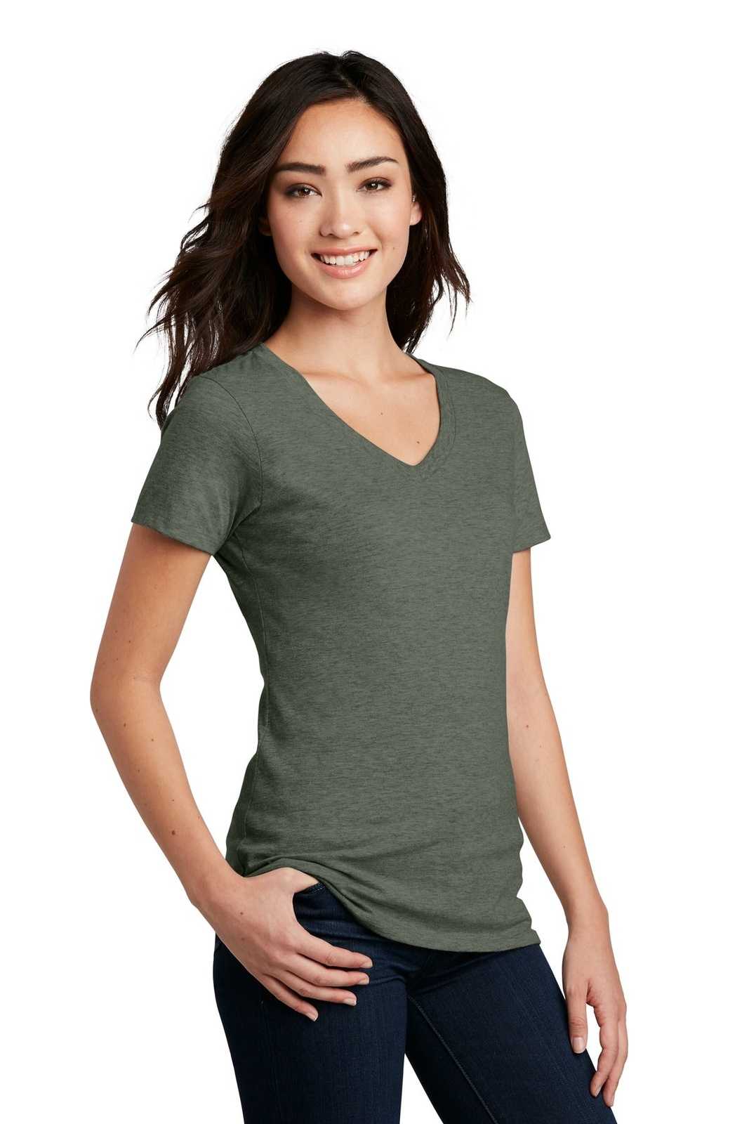District DM1190L Women&#39;s Perfect Blend V-Neck Tee - Heathered Olive - HIT a Double - 4