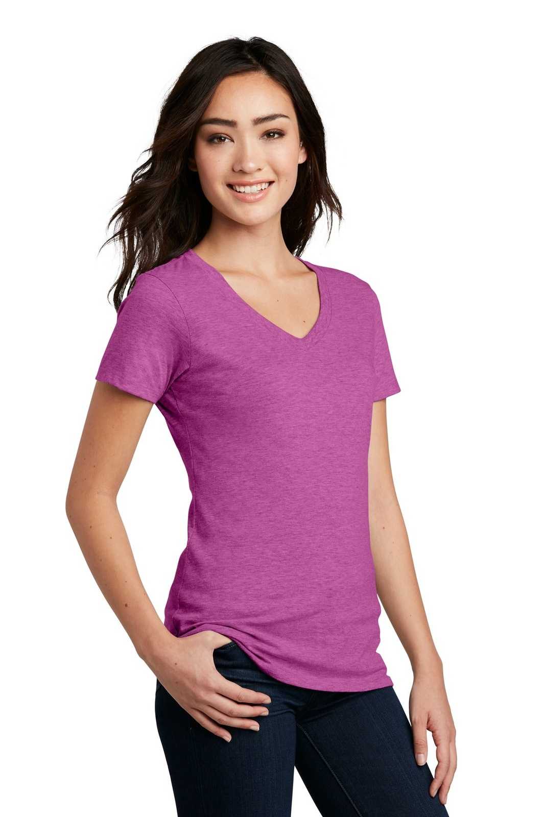 District DM1190L Women&#39;s Perfect Blend V-Neck Tee - Heathered Pink Raspberry - HIT a Double - 4