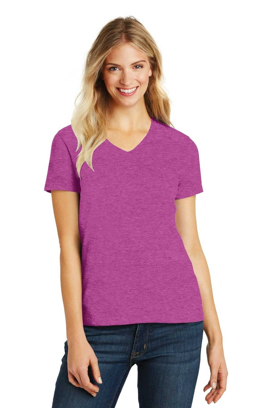 District DM1190L Women's Perfect Blend V-Neck Tee - Heathered Pink Raspberry - HIT a Double - 1