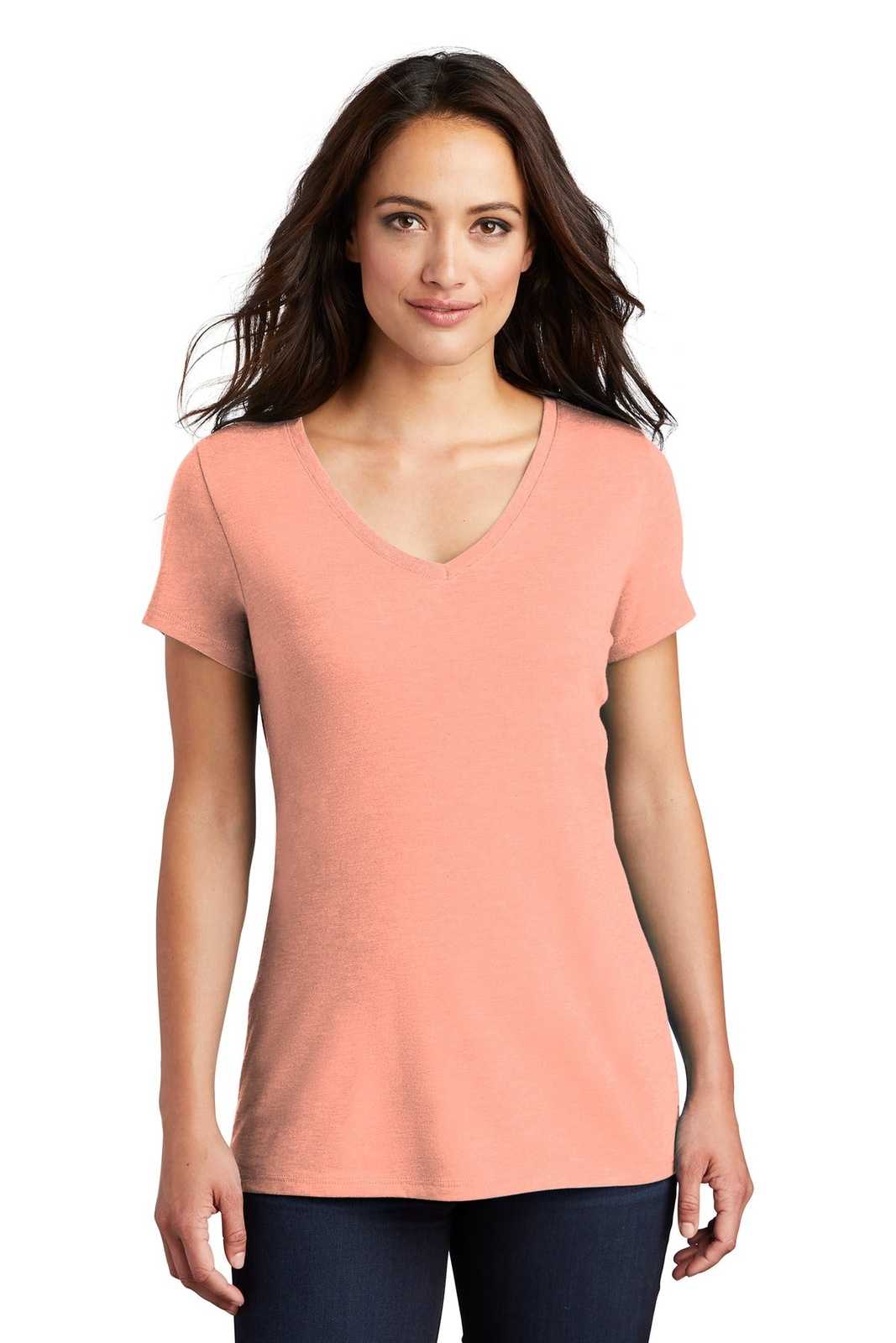 District DM1350L Women's Perfect Tri V-Neck Tee - Heathered Dusty Peach - HIT a Double - 1