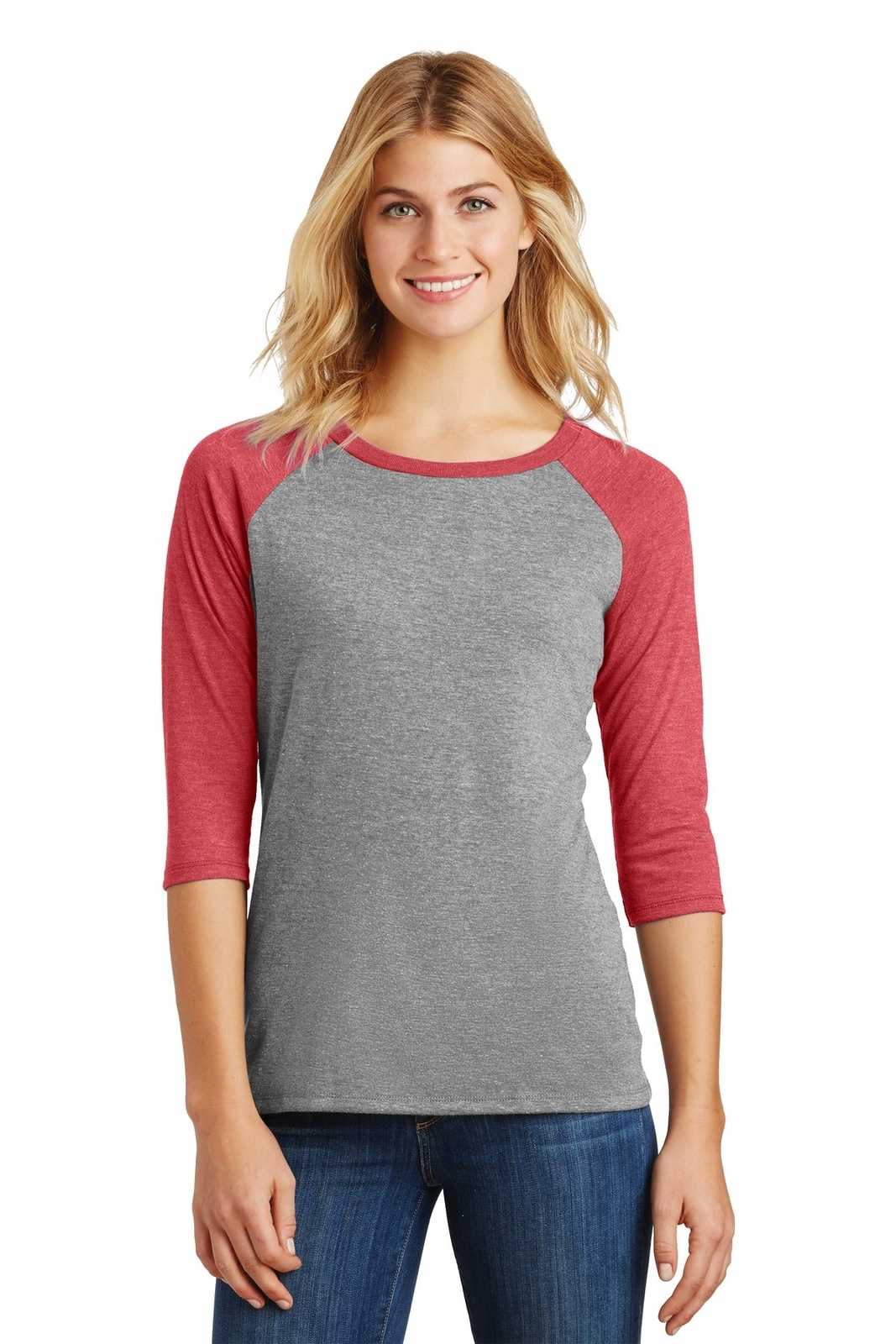 District DM136L Women&#39;s Perfect Tri 3/4-Sleeve Raglan - Red Frost Gray Frost - HIT a Double - 1
