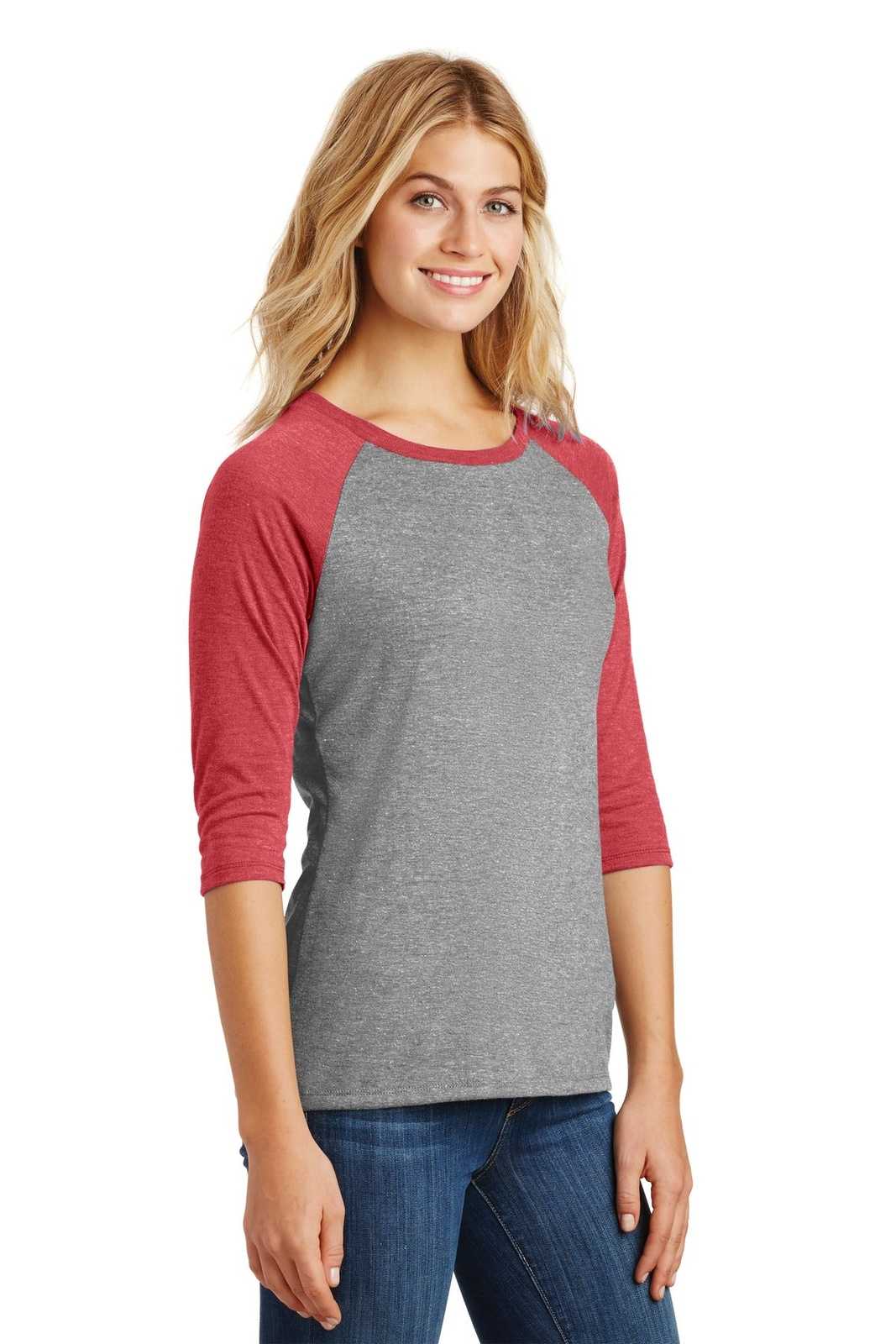 District DM136L Women&#39;s Perfect Tri 3/4-Sleeve Raglan - Red Frost Gray Frost - HIT a Double - 4