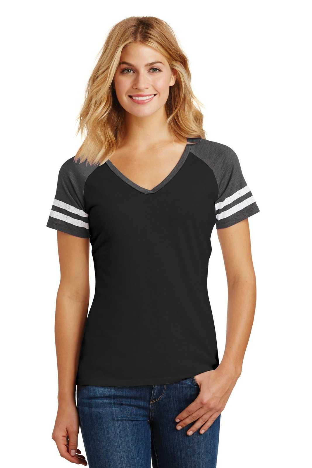District DM476 Women&#39;s Game V-Neck Tee - Black Heathered Charcoal - HIT a Double - 1