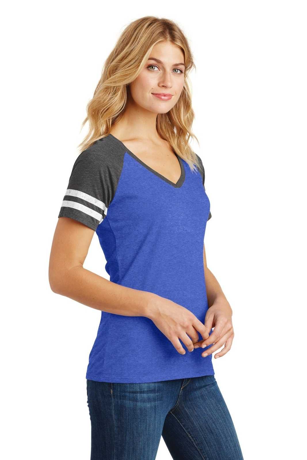 District DM476 Women&#39;s Game V-Neck Tee - Heathered True Royal Heathered Charcoal - HIT a Double - 4