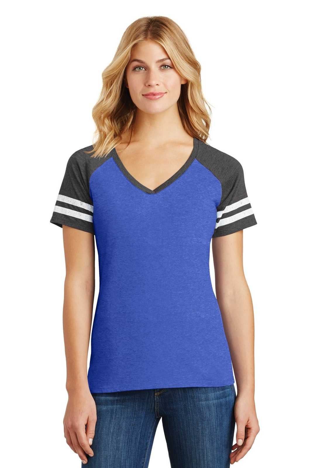District DM476 Women&#39;s Game V-Neck Tee - Heathered True Royal Heathered Charcoal - HIT a Double - 1