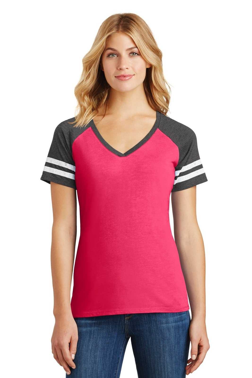 District DM476 Women&#39;s Game V-Neck Tee - Heathered Watermelon Heathered Charcoal - HIT a Double - 1