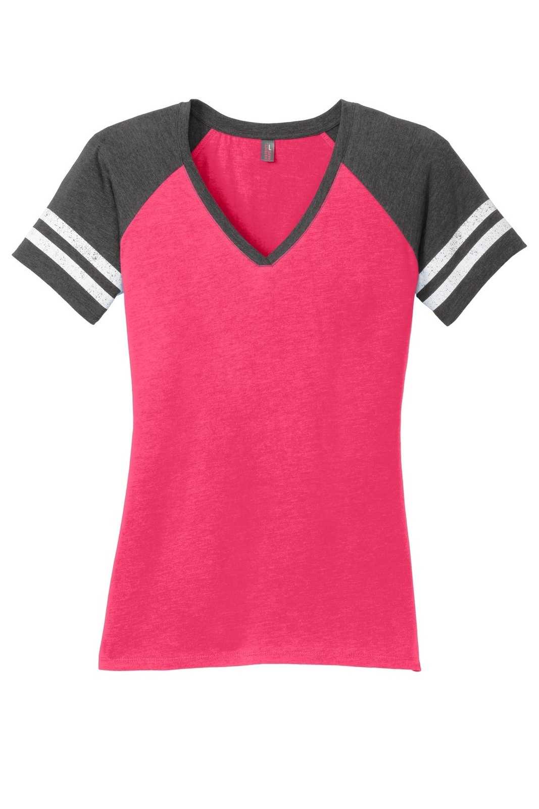 District DM476 Women&#39;s Game V-Neck Tee - Heathered Watermelon Heathered Charcoal - HIT a Double - 5