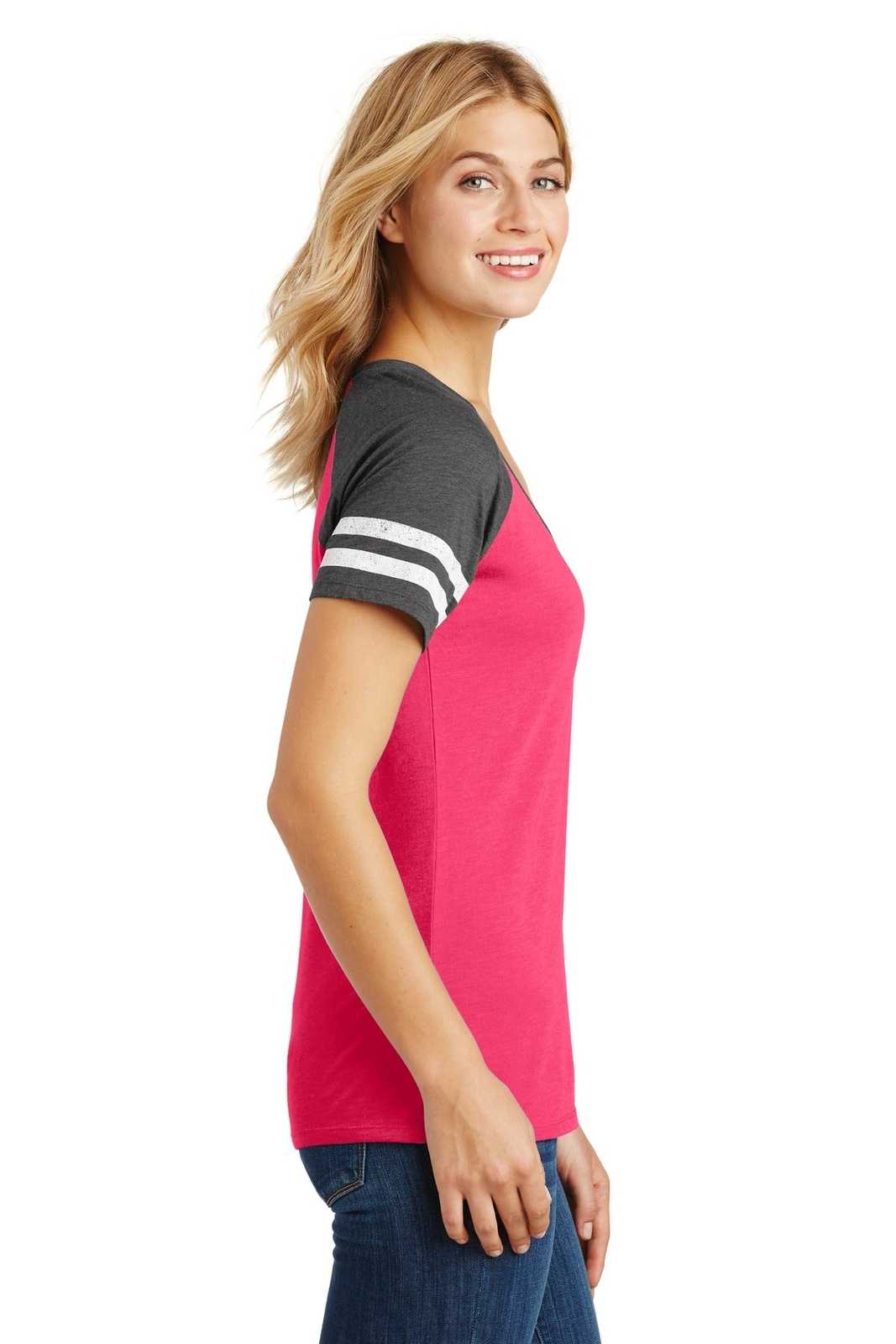 District DM476 Women&#39;s Game V-Neck Tee - Heathered Watermelon Heathered Charcoal - HIT a Double - 3