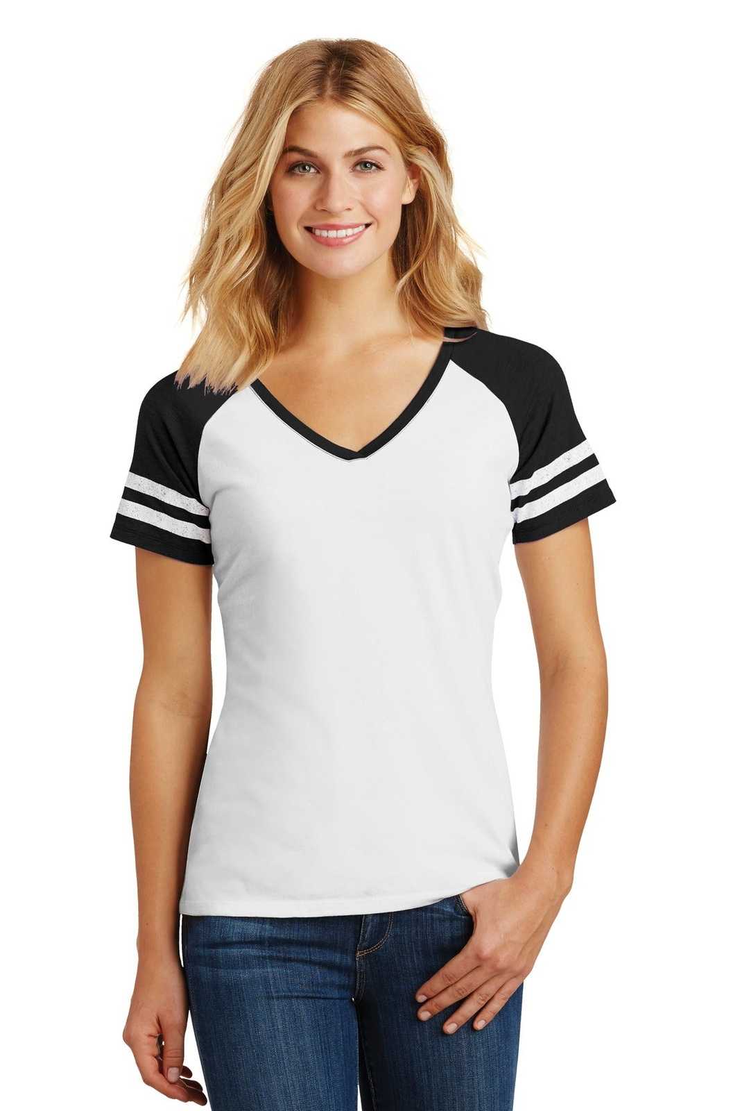 District DM476 Women's Game V-Neck Tee - White Black - HIT a Double - 1