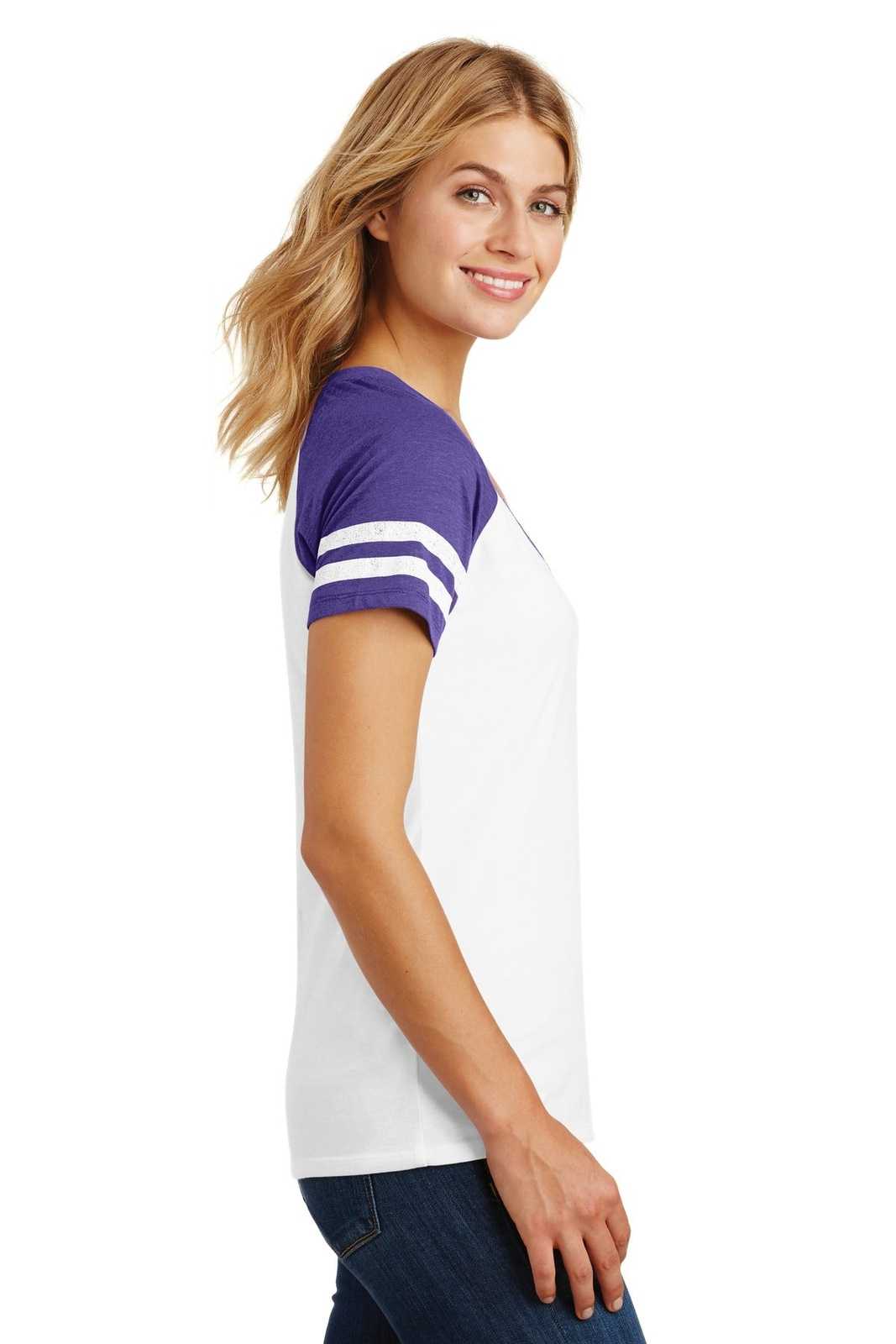 District DM476 Women&#39;s Game V-Neck Tee - White Heathered Purple - HIT a Double - 3