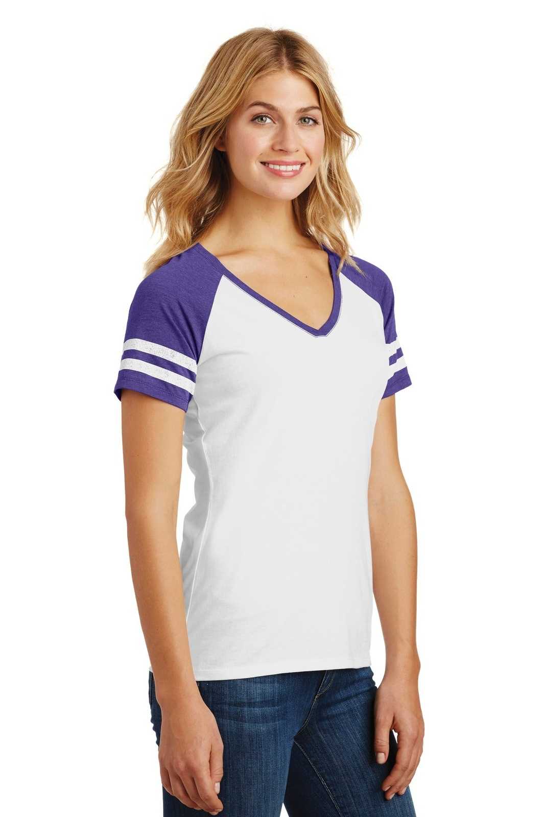 District DM476 Women&#39;s Game V-Neck Tee - White Heathered Purple - HIT a Double - 4