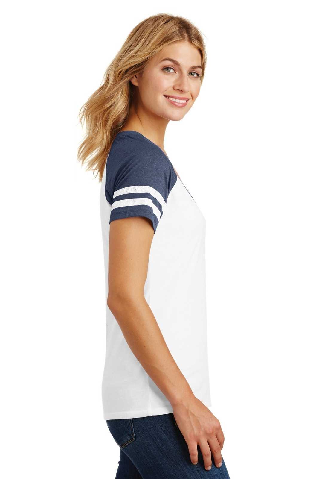 District DM476 Women&#39;s Game V-Neck Tee - White Heathered True Navy - HIT a Double - 3