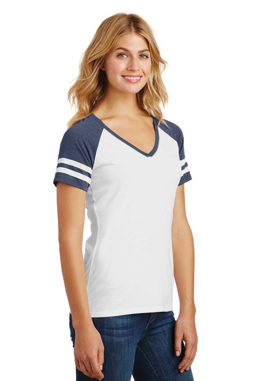 District DM476 Women&#39;s Game V-Neck Tee - White Heathered True Navy - HIT a Double - 4