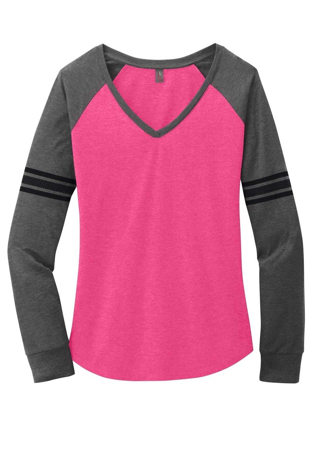 District DM477 Women&#39;s Game Long Sleeve V-Neck Tee - Heathered Dark Fuchsia Heathered Charcoal Black - HIT a Double - 5