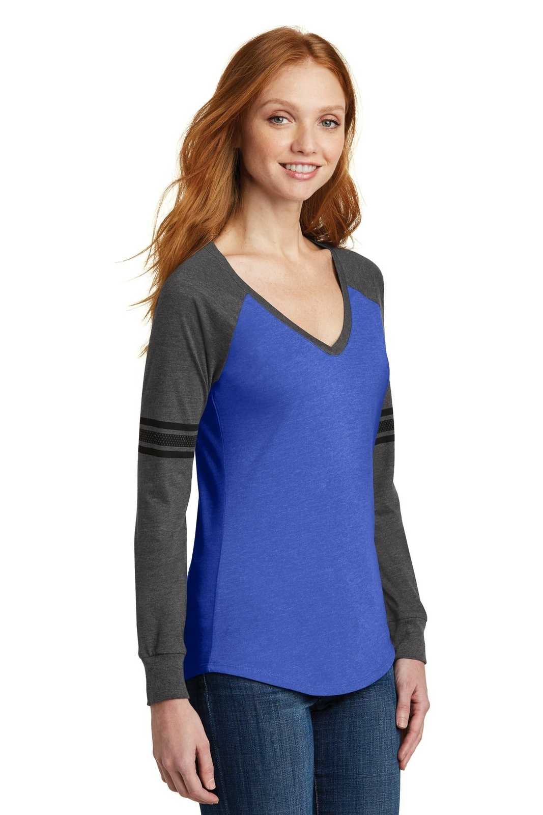 District DM477 Women&#39;s Game Long Sleeve V-Neck Tee - Heathered True Royal Heathered Charcoal Black - HIT a Double - 4